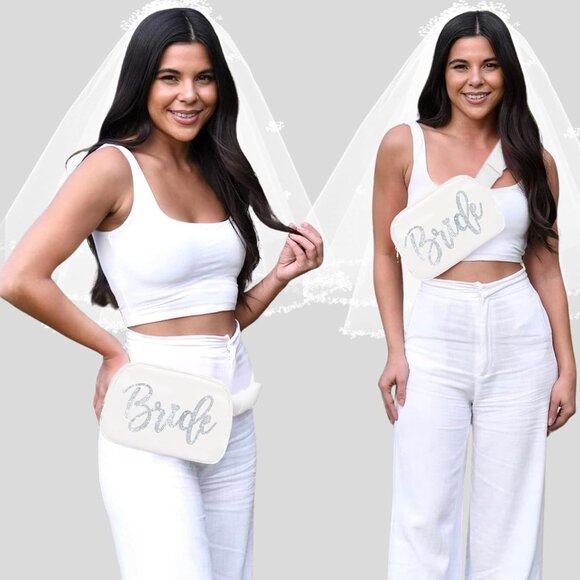 Elegant White Bride Fanny Pack with Silver Glitter Lettering, Water-Resistant Ny - Picture 4 of 6